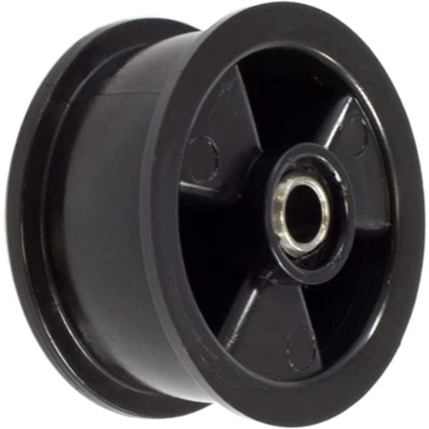 Black pulley wheel with a bearing on a white background
